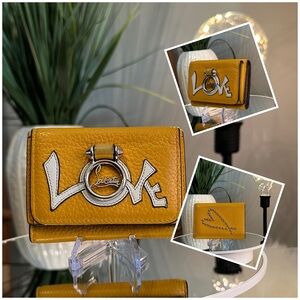 CHRISTIAN LOUBOUTIN Le Bleu Love Mini Trifold Wallet in Yellow, EUC